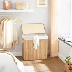 Tvättkorg i bambu 150L med 3 fack, avtagbar påse, lock - Naturlig