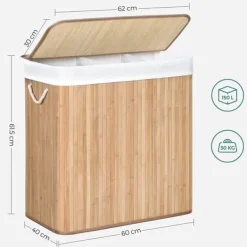 Tvättkorg i bambu 150L med 3 fack, avtagbar påse, lock - Naturlig