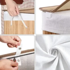 Tvättkorg i bambu 150L med 3 fack, avtagbar påse, lock - Naturlig