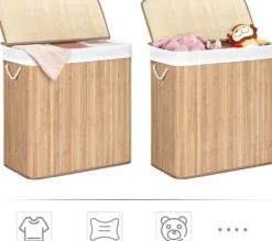 Tvättkorg i bambu 150L med 3 fack, avtagbar påse, lock - Naturlig