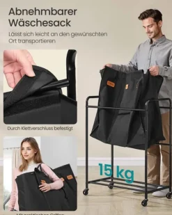 Tvättkorg med hjul och 3 fack i bläcksvart