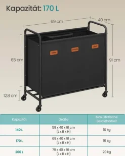 Tvättkorg med hjul och 3 fack i bläcksvart