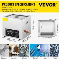 Ultraljudsrenare, Justerbar Temperatur, 40KHZ Frekvens,10 liter