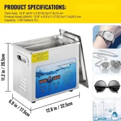 Ultraljudsrengörare, 36KHz~40KHz justerbar, 6L 220V, med digital timer och värmare för smycken, klockor, glasögon.