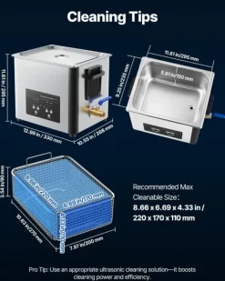 Ultraljudstvätt-Ultraljudstvätt 10 L - Ultraljudsrengörare - 40 kHz - 180 W - Digital Display - Rengöringskorg - Rostfritt Stål