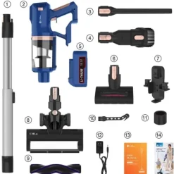 UMLo V11 blå sladdlös skaftdammsugare – 2-i-1 handdammsugare & golvdammsugare med HEPA-filter, 300W motor, LED-display