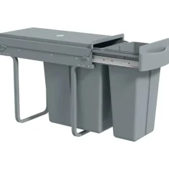 Källsorteringskärl-Underbänks sopkärl - Utdragbar källsorteringshink - 2 avtagbara behållare - 20L+10L - Mjukt glid på skenor - Lock med diamantmönster - Grå