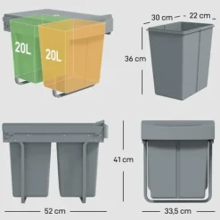 Utdragbar soptunna, 2 x 20 L, avtagbara behållare, plast, metall, Grå