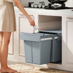 Källsorteringskärl-Utdragbar soptunna, 2 x 20 L, avtagbara behållare, plast, metall, Grå