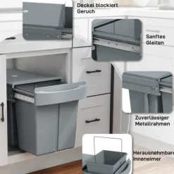 Källsorteringskärl-Utdragbar soptunna, 2 x 20 L, avtagbara behållare, plast, metall, Grå