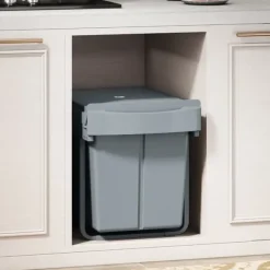 Källsorteringskärl-Utdragbar soptunna, 2 x 20 L, avtagbara behållare, plast, metall, Grå