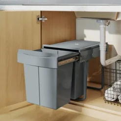 Källsorteringskärl-Utdragbar soptunna, 2 x 20 L, avtagbara behållare, plast, metall, Grå