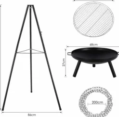 Grillar-Utomhus eldstad/grill - Trefotsstativ med hängande gryta/galler - Gjutjärn - Kolgrill - Emaljerad - Justerbar - Höjd 152 cm - Bärbar