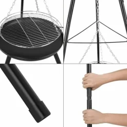 Grillar-Utomhus eldstad/grill - Trefotsstativ med hängande gryta/galler - Gjutjärn - Kolgrill - Emaljerad - Justerbar - Höjd 152 cm - Bärbar