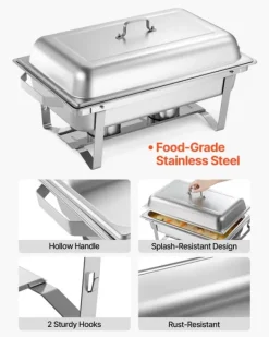 Varmfack Chafing Dish - Rektangulär Buffévärmare 6-pack - Kapacitet 9,9 L - Rostfritt Stål - Lock & Bränslehållare - Tre Mattänger