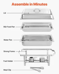Varmfack Chafing Dish - Rektangulär Buffévärmare 6-pack - Kapacitet 9,9 L - Rostfritt Stål - Lock & Bränslehållare - Tre Mattänger