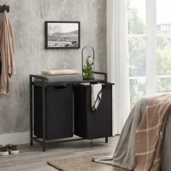 Tvättutrustning-Vasagle tvätthämma, tvätthamper, 2 enkla utdragbara och avtagbara, brun och svart