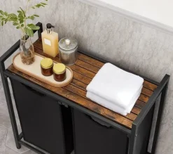 Tvättutrustning-Vasagle tvätthämma, tvätthamper, 2 enkla utdragbara och avtagbara, brun och svart