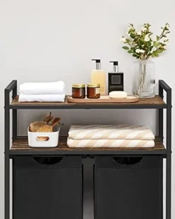 VASAGLE tvättkorgar, tvättsorterare, 2 förvaringshyllor, 46L kapacitet Rustik brun