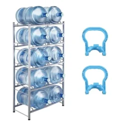 Vattenkylare-Vattenkannahållare 5-lager, Dubbelrad för 10 flaskor, Silvergrå Plastställ med Stödsystem