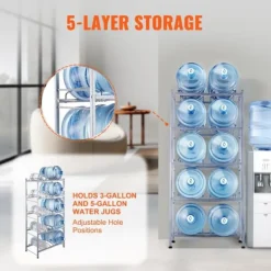 Vattenkylare-Vattenkannahållare 5-lager, Dubbelrad för 10 flaskor, Silvergrå Plastställ med Stödsystem