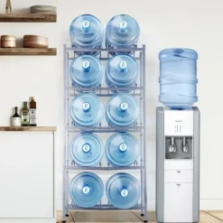 Vattenkylare-Vattenkannahållare 5-lager, Dubbelrad för 10 flaskor, Silvergrå Plastställ med Stödsystem