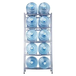 Vattenkylare-Vattenkannahållare 5-lager, Dubbelrad för 10 flaskor, Silvergrå Plastställ med Stödsystem