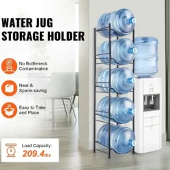 Vattenkylare-Vattenkannahållare 5-våning, Enkelrads Flaskställ för 5 Flaskor, Svart färg, Hållbar och praktisk design