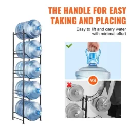 Vattenkylare-Vattenkannahållare 5-våning, Enkelrads Flaskställ för 5 Flaskor, Svart färg, Hållbar och praktisk design