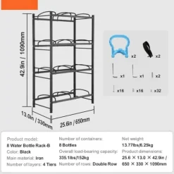 Vattenkannahållare 4-våningar, Dubbelrad Flaskställ för 8 Flaskor, Svart, Stabil Konstruktion, Platsbesparande Design