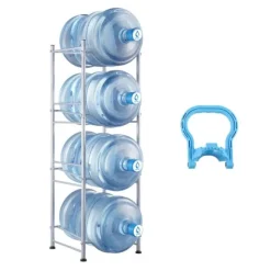 Vattenkannahållare 4-vånings, Enkelrads vattenflaskställ för 4 flaskor, Silver, hållbar design, kompakt och praktisk