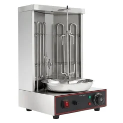 Vertikal Doner Grill, 3 kW Värmekapacitet, Justerbar Temperatur 50-300 °C, Mått 29,5 cm x 26,5 cm x 48,5 cm, Rotationshastighet 6 RPM