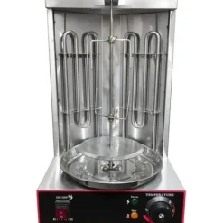 Vertikal Doner Grill, 3 kW Värmekapacitet, Justerbar Temperatur 50-300 °C, Mått 29,5 cm x 26,5 cm x 48,5 cm, Rotationshastighet 6 RPM