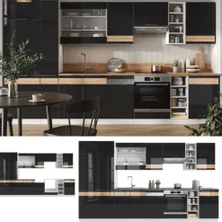 Monteringsfärdiga Kök & Pentryn-Vicco Fame-Line kök, Blank svart ek/vit, 355 cm