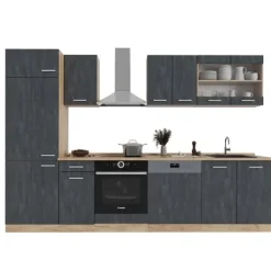 Vicco kök R-Line, Svart betong/guld ek, 300 cm utan bänkskiva