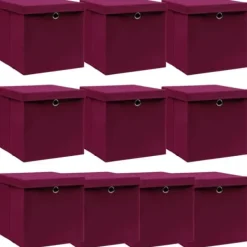 Vikbara förvaringslådor med lock - 10 st | Färg: Mörkröd | Storlek: 32x32x32 cm