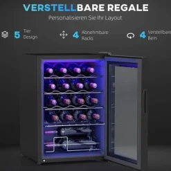 Vinkyl 20 flaskor 53 L, 5–18 °C, kompressor, anti-UV glasdörr, LED, svart