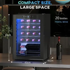 Vinkyl 20 flaskor 53 L, 5–18 °C, kompressor, anti-UV glasdörr, LED, svart