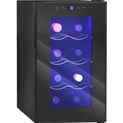 Vinkylare - 8 flaskor - Dubbel termoelektrisk kylning - 8–18 °C - Glasdörr med UV‑skydd - LED‑display & ljus - EU‑kontakt - Svart