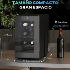Vinkylare - 8 flaskor - Dubbel termoelektrisk kylning - 8–18 °C - Glasdörr med UV‑skydd - LED‑display & ljus - EU‑kontakt - Svart
