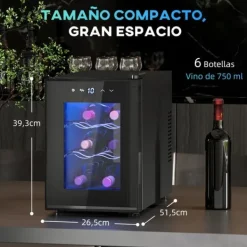 Vinkylskåp - 6 Flaskor 17 L - Invändig LED-belysning - Pekskärm - Justerbar temperatur - Metall - Svart