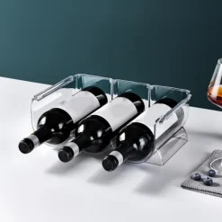 Vinflaskhållare-Vinorganisatör Stapelbar plast Transparent Vattenflaskhållare Ställ för Hemvisning 3 Flaskor Transparent