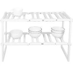 Köksorganiserare-2-vånings diskbänksställ skåporganisatör förvaring teleskopisk hylla kök badrumshållare