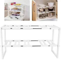 Köksorganiserare-2-vånings diskbänksställ skåporganisatör förvaring teleskopisk hylla kök badrumshållare