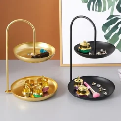 Tillbehör För Matservering-2-vånings serveringsbricka i järn, vattentät förvaringsfat i flera nivåer, för soffbord, fest, svart