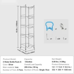 Vattenkylare-5-vånings vattenkannahållare, enkelrad vattenflaskställ för 5 flaskor, hållbart silverdesign, platsbesparande lösning