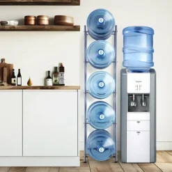 Vattenkylare-5-vånings vattenkannahållare, enkelrad vattenflaskställ för 5 flaskor, hållbart silverdesign, platsbesparande lösning