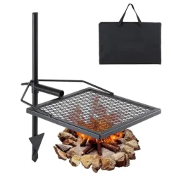 Vridbar lägereldsgrill i kraftigt stål med öppna eldar och justerbart matlagningsgaller.