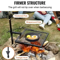 Vridbar lägereldsgrill i kraftigt stål med öppna eldar och justerbart matlagningsgaller.