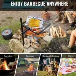 Vridbar lägereldsgrill i kraftigt stål med öppna eldar och justerbart matlagningsgaller.